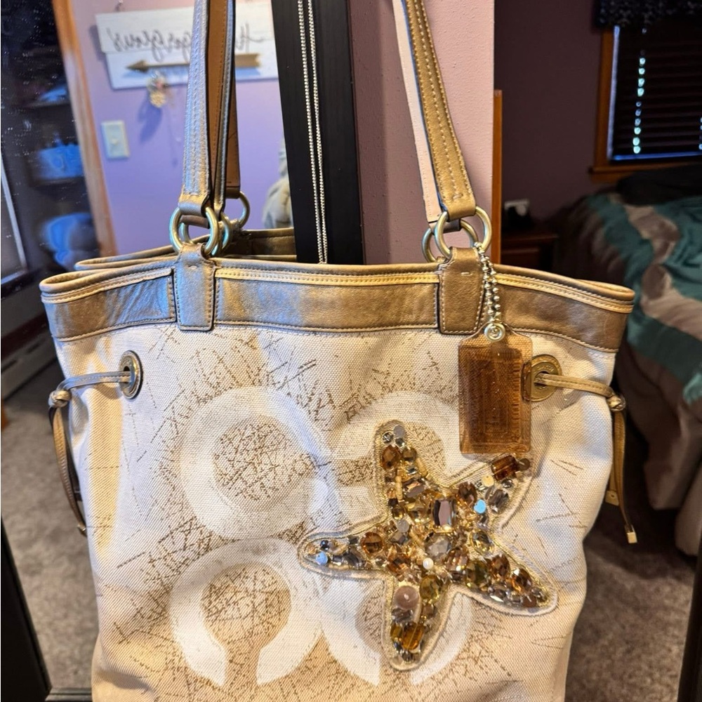 Coach Metallic Gold and Cream Tote with Starfish Accent